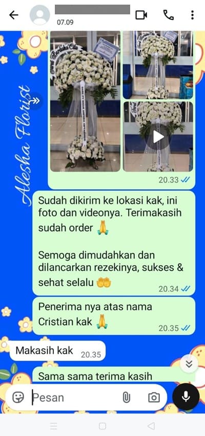 Testimoni pengiriman karangan bunga area Jakarta Barat