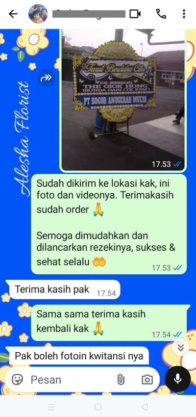 Testimoni pengiriman karangan bunga daerah Jakarta Barat