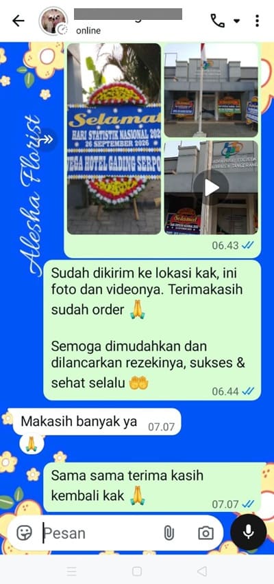 Testimoni pengiriman karangan bunga di kota Jakarta Barat