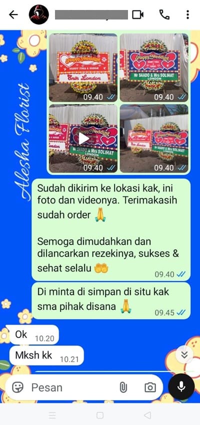 Testimoni pengiriman karangan bunga kota Jakarta Barat