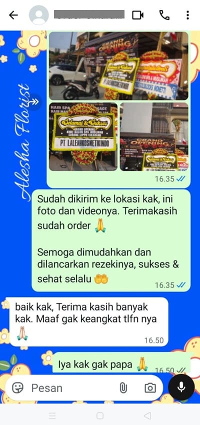 Testimoni pengiriman karangan bunga pernikahan Jakarta Barat
