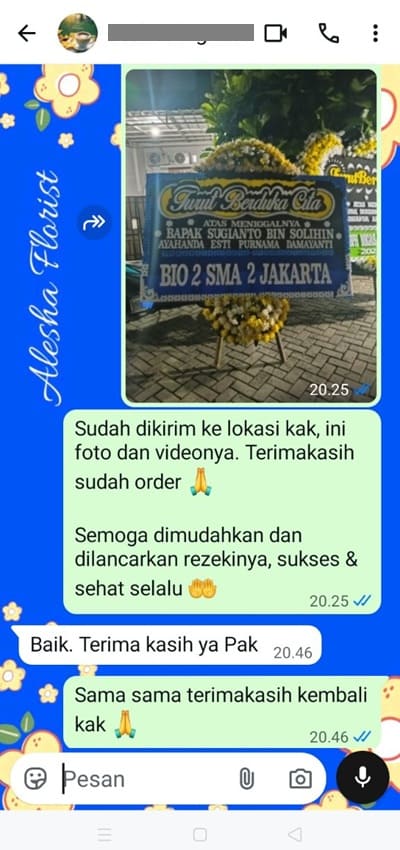 Testimoni pengiriman karangan bunga selamat dan sukses Jakarta Barat
