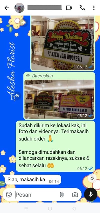Testimoni pengiriman karangan bunga ucapan selamat menempuh hidup baru Jakarta Barat