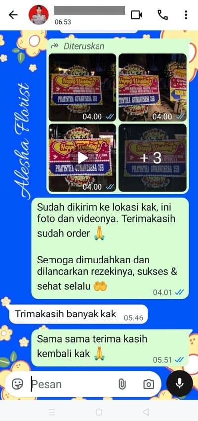 Testimoni pengiriman papan bunga wedding Jakarta Barat